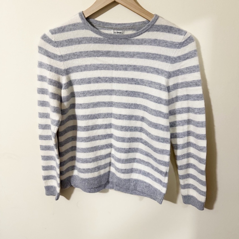 LL Bean Womens Cashmere Gray Striped Long Sleeve Sweater Size Small PETITE